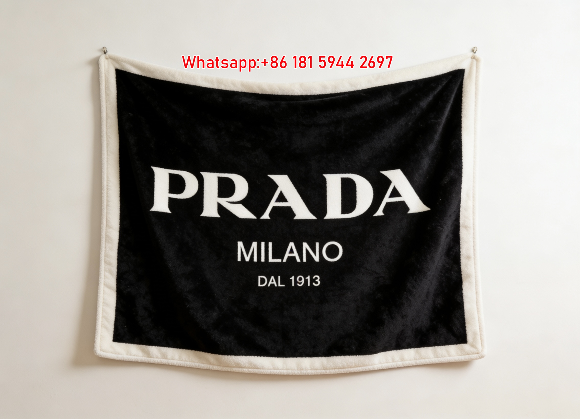 Prada Black White Milano Dal 1913 Logo Print Fleece Sofa Throw Blanket Luxury IMG_2678
